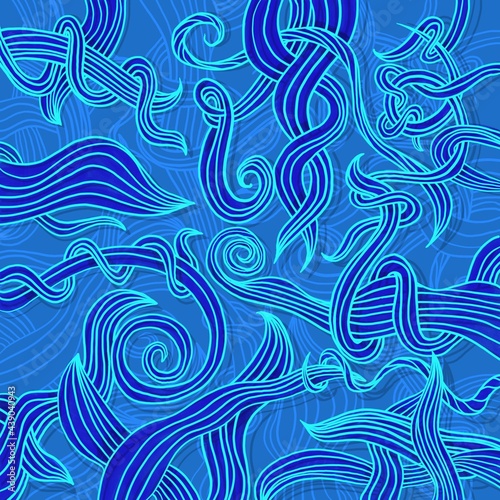 Seamless pattern with waves. Blue and turquoise.