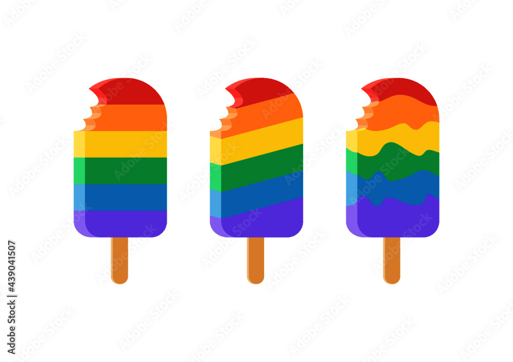Lody w kolorach tęczowej flagi - symbolu LGBTQ+. Gay Pride. Zestaw grafik na białym tle. Inkluzywna ilustracja do wykorzystania jako wzór naklejek, tło, tapeta lub do social media story. - obrazy, fototapety, plakaty 