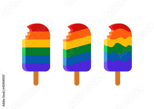 Lody w kolorach tęczowej flagi - symbolu LGBTQ+. Gay Pride. Zestaw grafik na białym tle. Inkluzywna ilustracja do wykorzystania jako wzór naklejek, tło, tapeta lub do social media story.