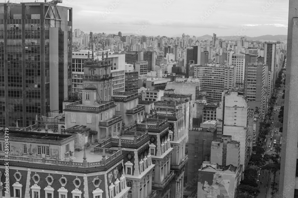 SAO PAULO, BRAZIL - JUNE 11, 2021: Skyline view of Sao Paulo in a cloudy day black and white B&W Including downtown Paulista Avenue buildings famous and historical places