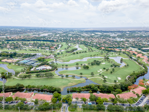 aerial drone of Golf course and city In Plantation, Florida  photo