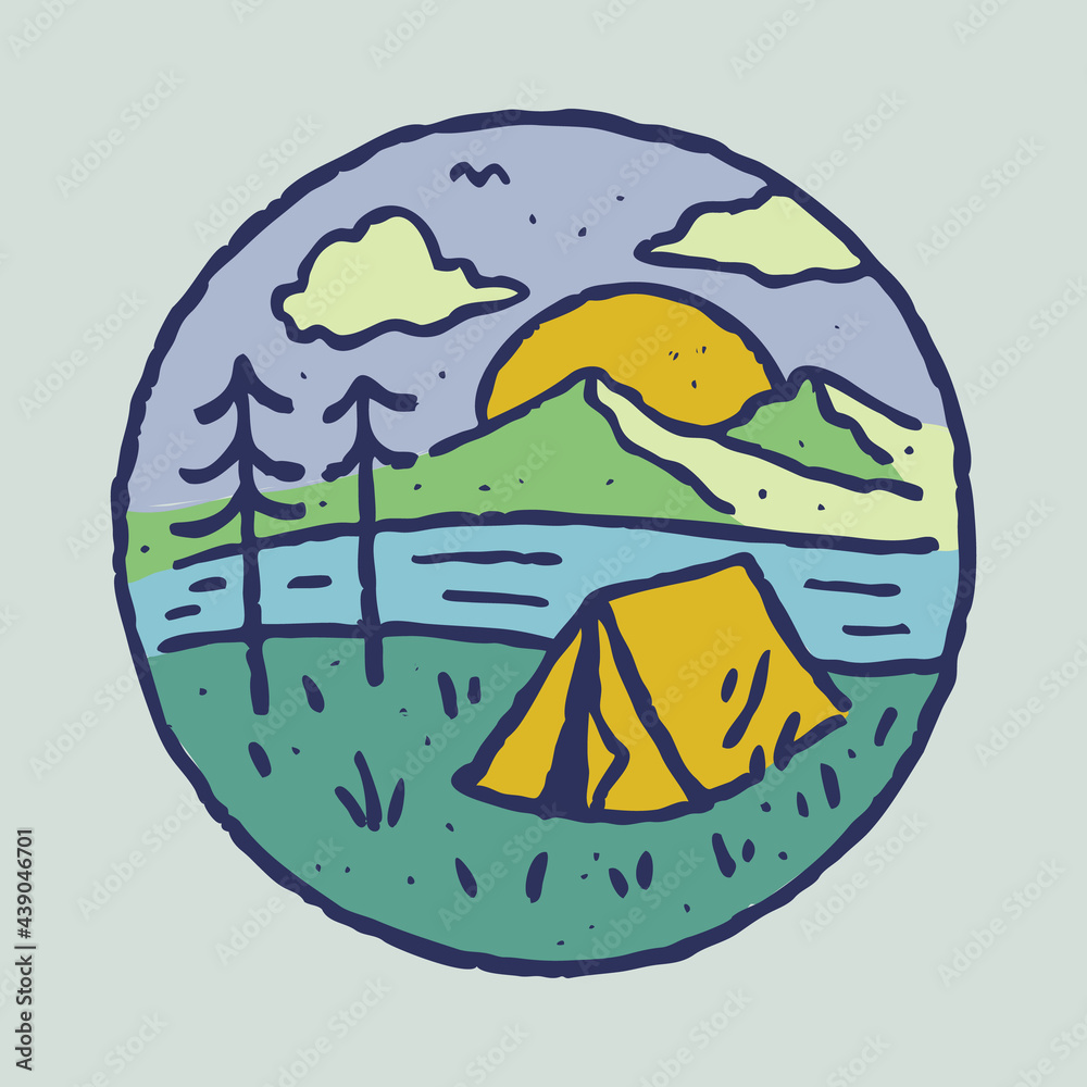 Camping nature adventure wild mountain river watercolor graphic illustration vector art t-shirt design
