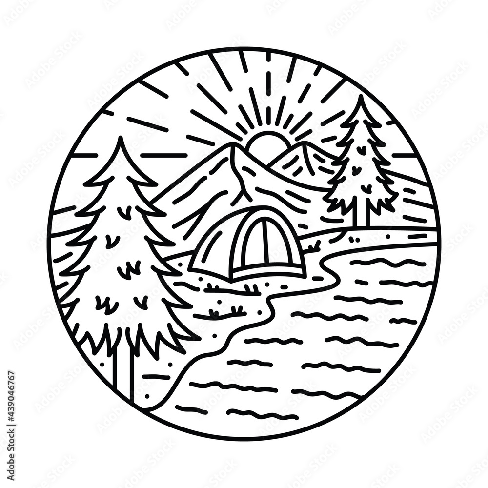 Camping nature adventure wild river line graphic illustration vector art t-shirt design