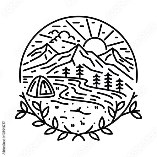 Camping nature adventure wild mountain river line graphic illustration vector art t-shirt design
