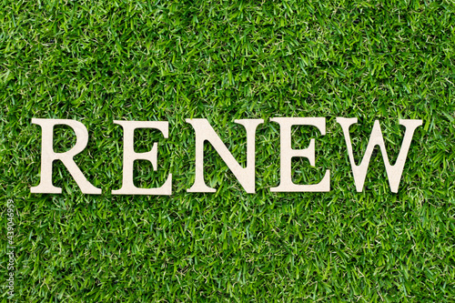 Wood alphabet letter in word renew on green grass background