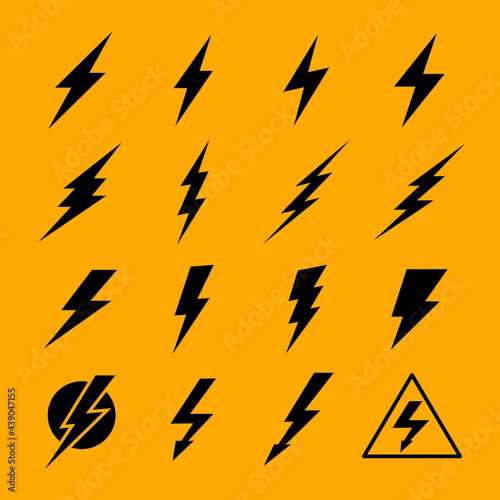 Lightning signs set. Lightning icons, lightning symbols or flash pictograms. Flash icon. Lightning stripe sign. Flashing electric bolt icon. Charge icon. Danger, electricity. Vector.