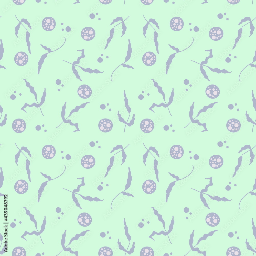 Hand drawn seamless pattern of marine seaweed and bubbles. Perfect for scrapbooking, textile and prints.