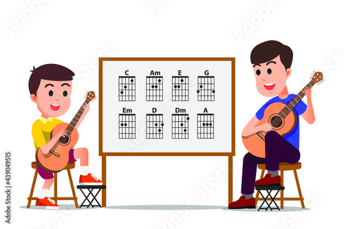 a boy learning guitar with his teacher