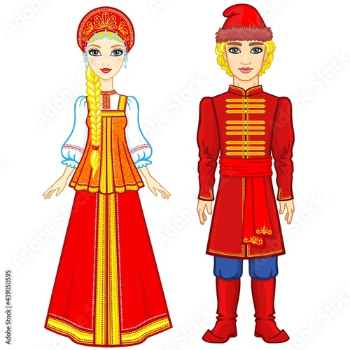 Animation portrait of a family in ancient Russian clothes.  Full growth. Vector illustration isolated on a white background.
