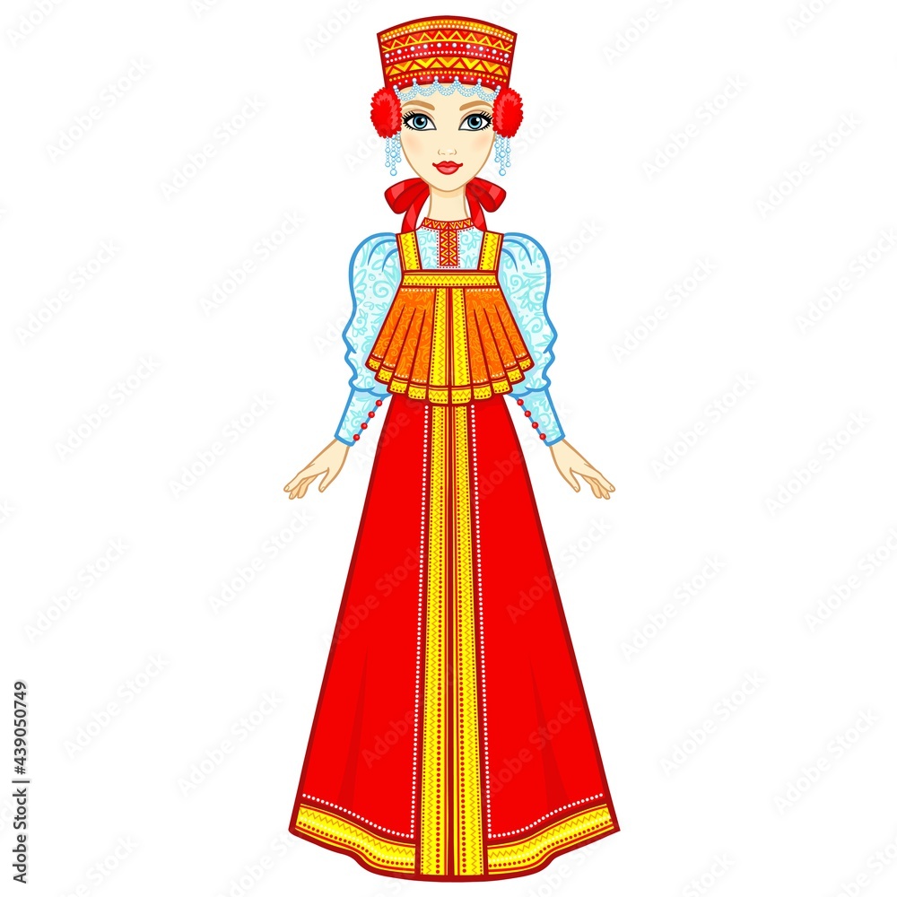 Animation portrait of the Russian girl in ancient clothes.  Full growth. Vector illustration isolated on a white background