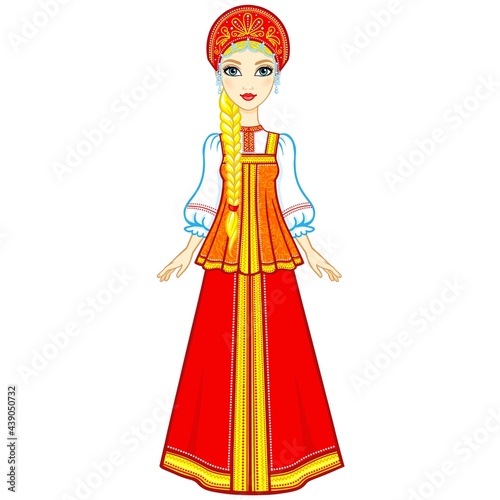 Animation portrait of the Russian girl in ancient clothes.  Vector illustration isolated on a white background.