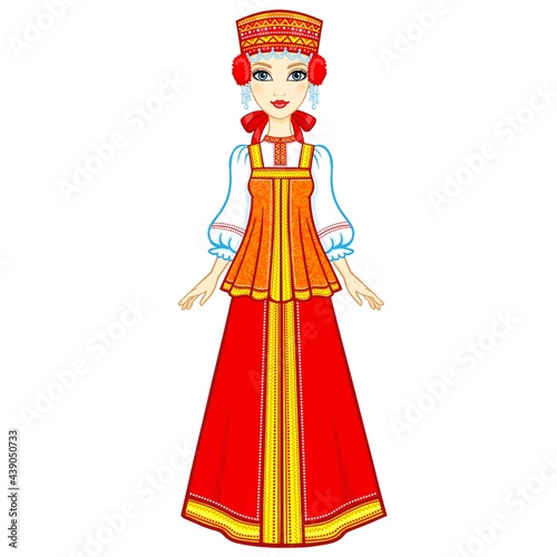Animation portrait of the Russian girl in ancient clothes.  Vector illustration isolated on a white background.