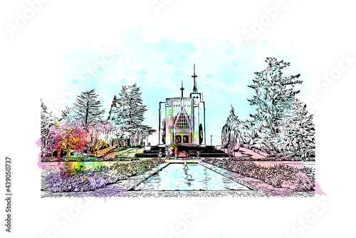 Building view with landmark of Guimaraes is a city in northern Portugal. Watercolor splash with hand drawn sketch illustration in vector.