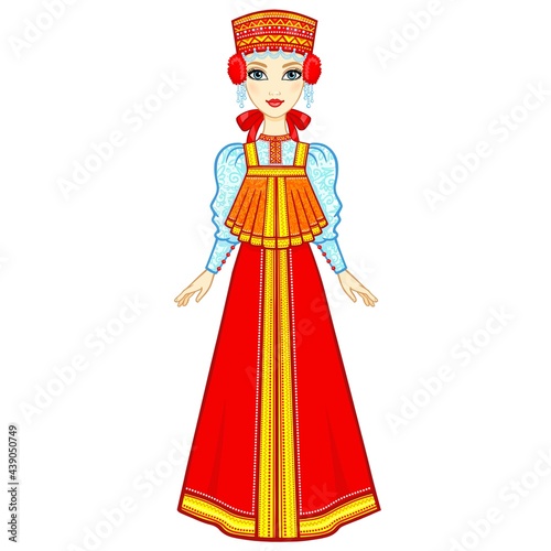 Animation portrait of the Russian girl in ancient clothes. Full growth. Vector illustration isolated on a white background