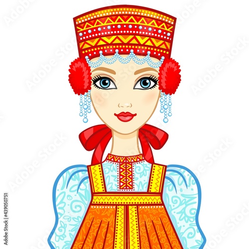 Animation portrait of the Russian girl in ancient clothes.  Vector illustration isolated on a white background.