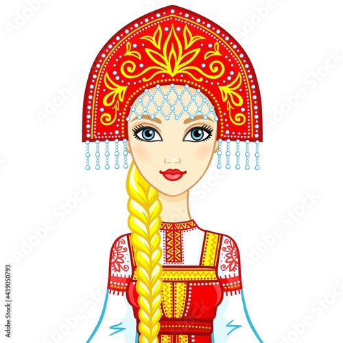Portrait of a beautiful girl in an ancient Russian dress. Sundress, kokoshnik.  Vector illustration isolated on a white background.