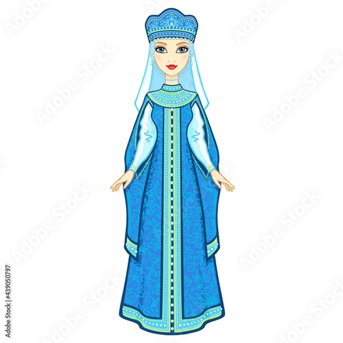Animation portrait of the Russian princess in ancient clothes. Full growth. Vector illustration isolated on a white background.