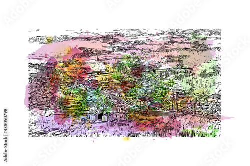 Building view with landmark of Guimaraes is a city in northern Portugal. Watercolor splash with hand drawn sketch illustration in vector.