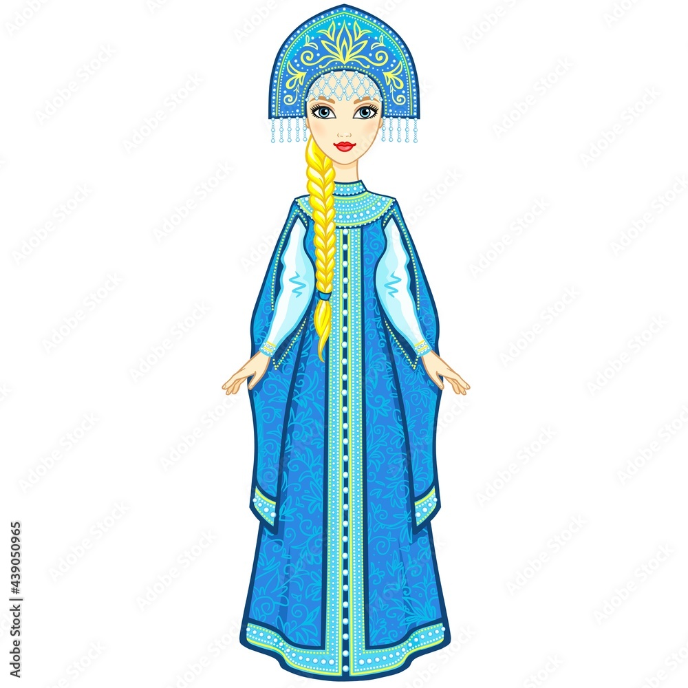 Animation portrait of the Russian princess in ancient clothes. Snow ...