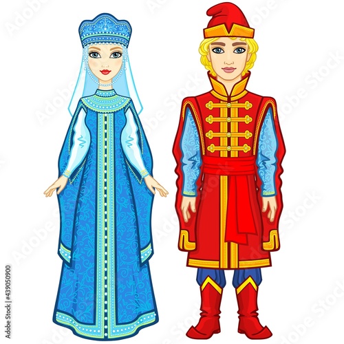 Animation portrait of a family in ancient Russian clothes. Fairy tale character. Full growth. Vector illustration isolated on a white background.