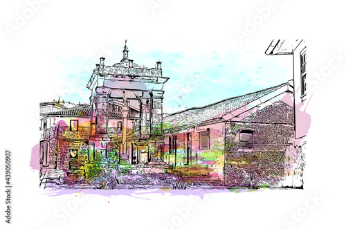 Building view with landmark of Guimaraes is a city in northern Portugal. Watercolor splash with hand drawn sketch illustration in vector.