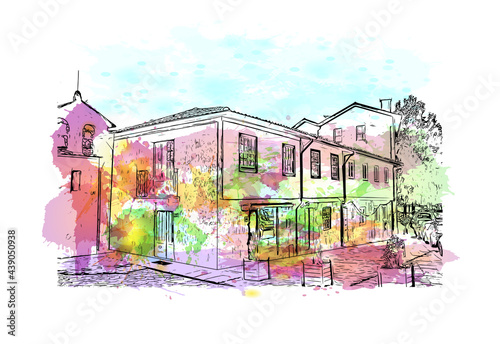 Building view with landmark of Guimaraes is a city in northern Portugal. Watercolor splash with hand drawn sketch illustration in vector.