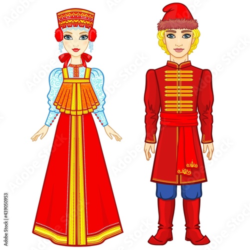 Animation portrait of a family in ancient Russian clothes.  Full growth. Vector illustration isolated on a white background.