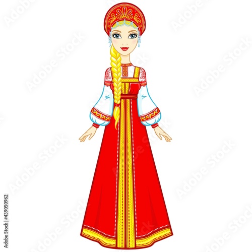 Animation portrait of the Russian girl in ancient clothes. Sundress, kokoshnik. Full growth. Vector illustration isolated on a white background.