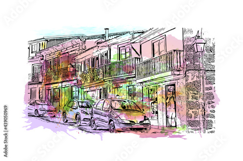 Building view with landmark of Guimaraes is a city in northern Portugal. Watercolor splash with hand drawn sketch illustration in vector.