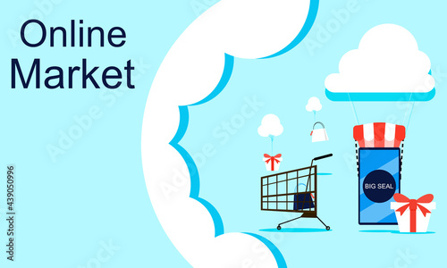 Concept online marketing. Smartphone, shop, cart, gift box, cloud and bag at on blue background. Vector flat paper art design. Illustration for content online marketing, shopping, digital, media, web