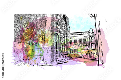 Building view with landmark of Guimaraes is a city in northern Portugal. Watercolor splash with hand drawn sketch illustration in vector.