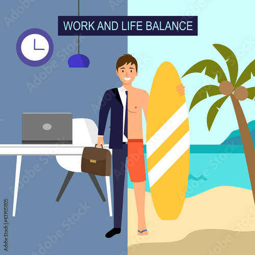 Work and life balance concept vector illustration. Half man in suit with working desk office and another half man holding surfboard at the sea in flat design.