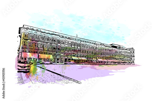 Building view with landmark of Guimaraes is a city in northern Portugal. Watercolor splash with hand drawn sketch illustration in vector.