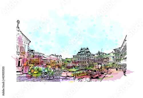 Building view with landmark of Guimaraes is a city in northern Portugal. Watercolor splash with hand drawn sketch illustration in vector.