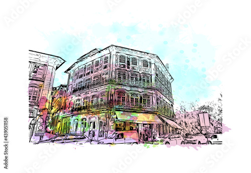 Building view with landmark of Guimaraes is a city in northern Portugal. Watercolor splash with hand drawn sketch illustration in vector.