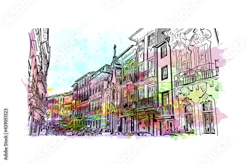 Building view with landmark of Guimaraes is a city in northern Portugal. Watercolor splash with hand drawn sketch illustration in vector.