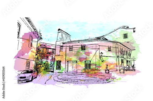 Building view with landmark of Guimaraes is a city in northern Portugal. Watercolor splash with hand drawn sketch illustration in vector.