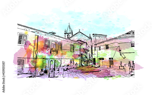 Building view with landmark of Guimaraes is a city in northern Portugal. Watercolor splash with hand drawn sketch illustration in vector.