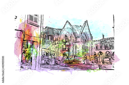 Building view with landmark of Guimaraes is a city in northern Portugal. Watercolor splash with hand drawn sketch illustration in vector.