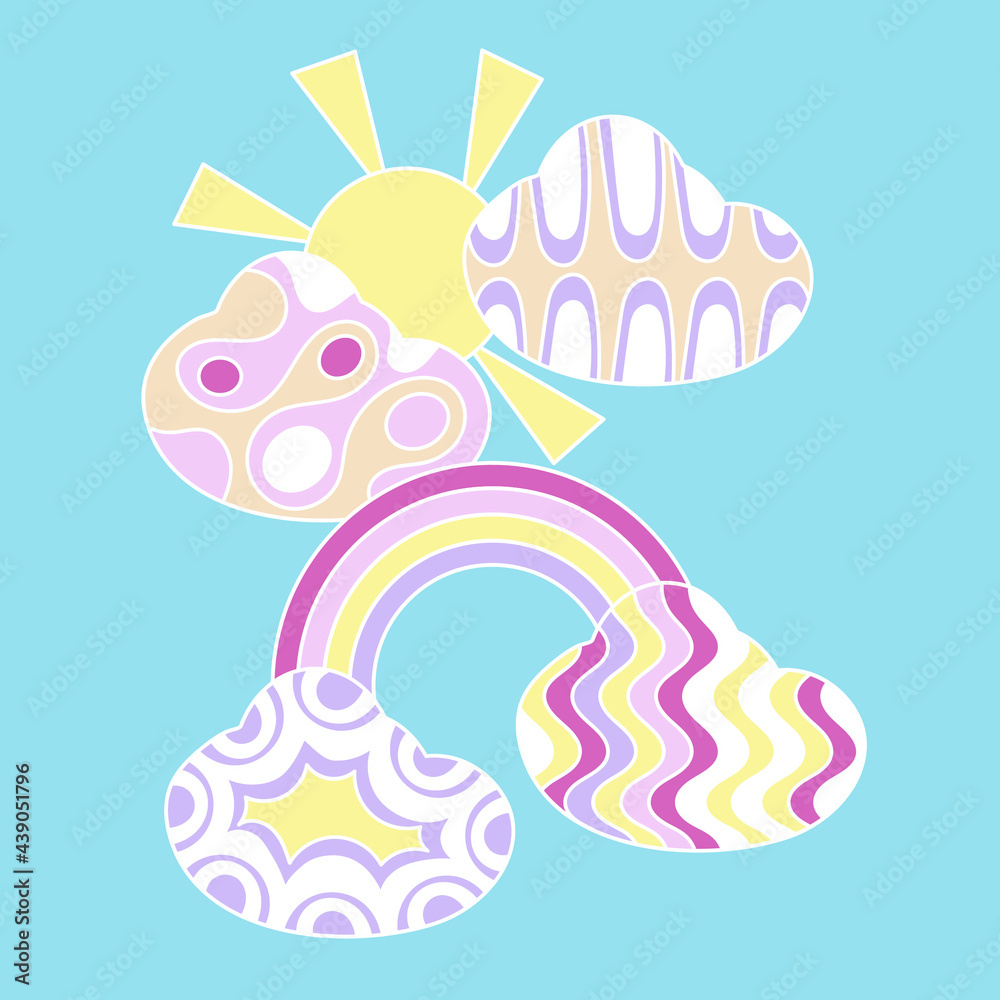 Summer sun clouds rainbow. Cartoon vector illustration, poster for children's room and more. Summer sun clouds rainbow. Cartoon vector illustration, poster for children's room and more.
