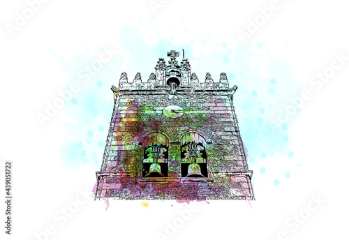 Building view with landmark of Guimaraes is a city in northern Portugal. Watercolor splash with hand drawn sketch illustration in vector.