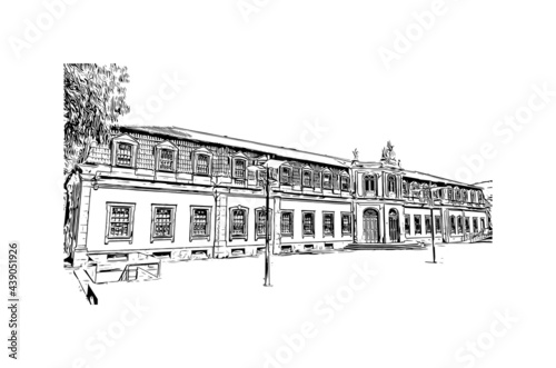 Building view with landmark of Guimaraes is a city in northern Portugal. Hand drawn sketch illustration in vector.