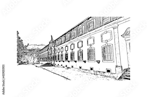 Building view with landmark of Guimaraes is a city in northern Portugal. Hand drawn sketch illustration in vector.
