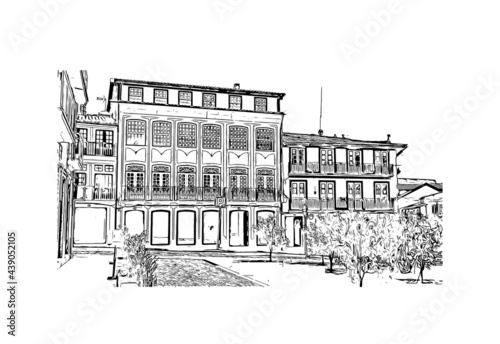 Building view with landmark of Guimaraes is a city in northern Portugal. Hand drawn sketch illustration in vector.