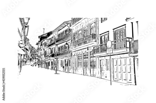 Building view with landmark of Guimaraes is a city in northern Portugal. Hand drawn sketch illustration in vector.