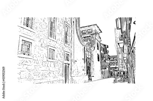 Building view with landmark of Guimaraes is a city in northern Portugal. Hand drawn sketch illustration in vector.