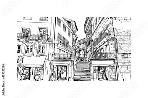 Building view with landmark of Guimaraes is a city in northern Portugal. Hand drawn sketch illustration in vector.