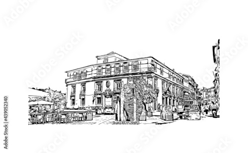 Building view with landmark of Guimaraes is a city in northern Portugal. Hand drawn sketch illustration in vector.