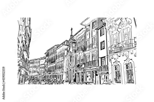 Building view with landmark of Guimaraes is a city in northern Portugal. Hand drawn sketch illustration in vector.