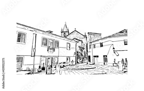 Building view with landmark of Guimaraes is a city in northern Portugal. Hand drawn sketch illustration in vector.